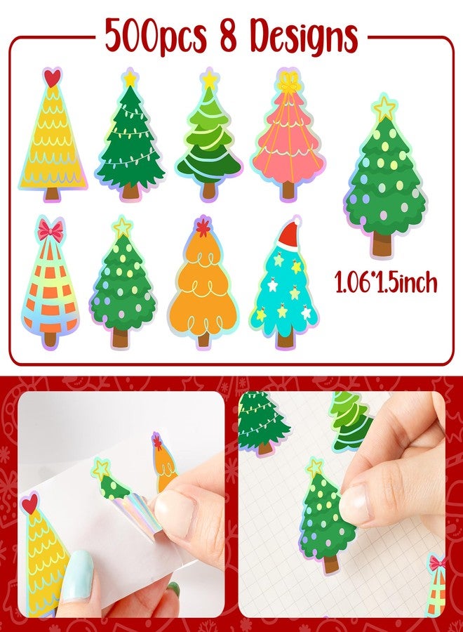 Kirako 500Pcs Christmas Tree Stickers Roll Holographic Laser Xmas Pine Tree Buffalo Plaid Striped Star-Topped Self-Adhesive Decals Festive Winter Holiday Birthday Party Gift for Envelope Journal Decor - Image 2